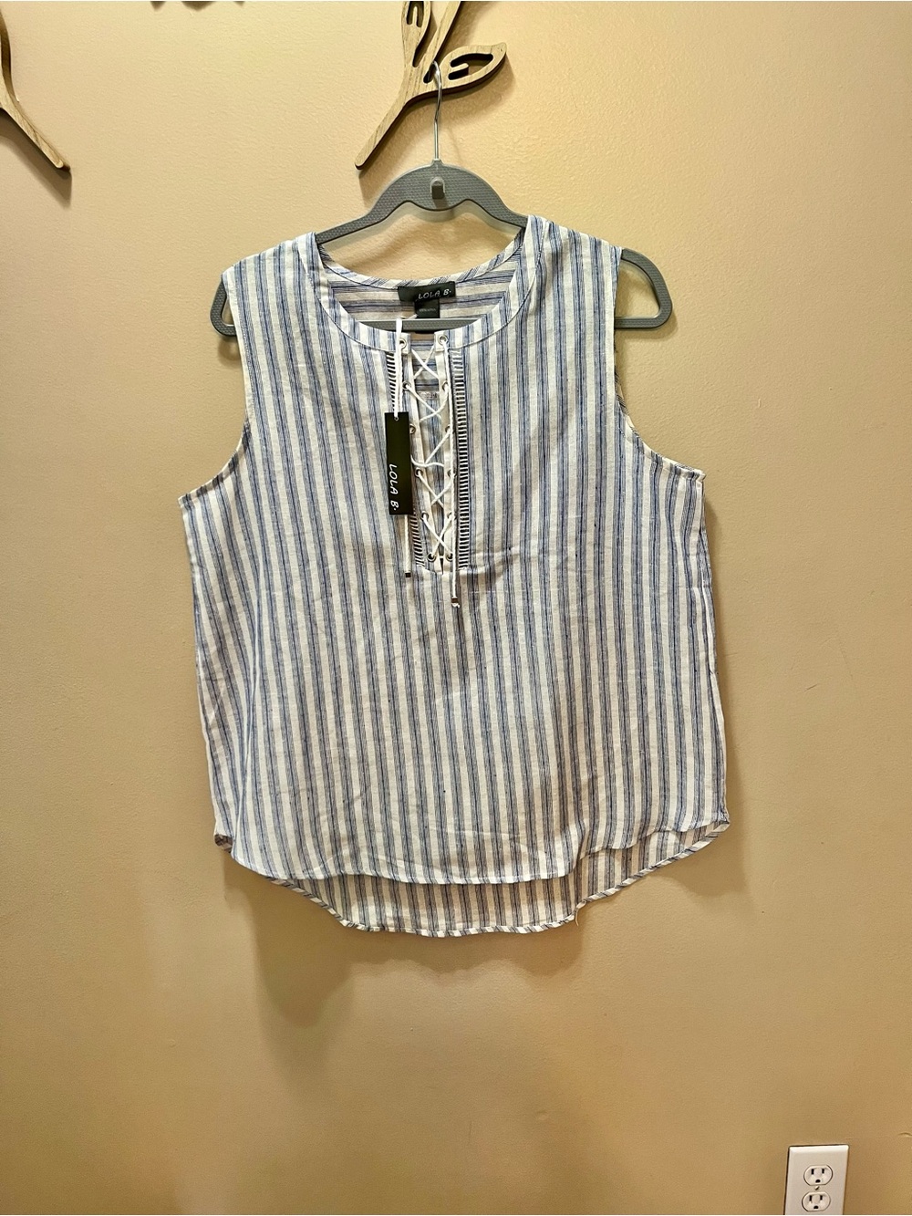 NWT LOLA B Blue and White Stripe Lace-Up Sleeveless 100% Cotton Top Size Large